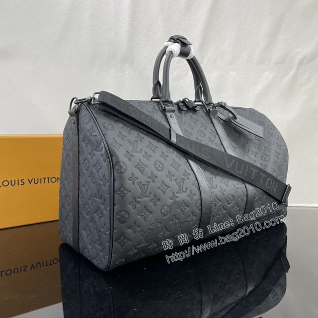 Lv路易威登2023專櫃新款Keepall BANDOULIèRE50旅行袋 LV黑色壓花牛皮男士旅行包 M44810新版本 ydh5197